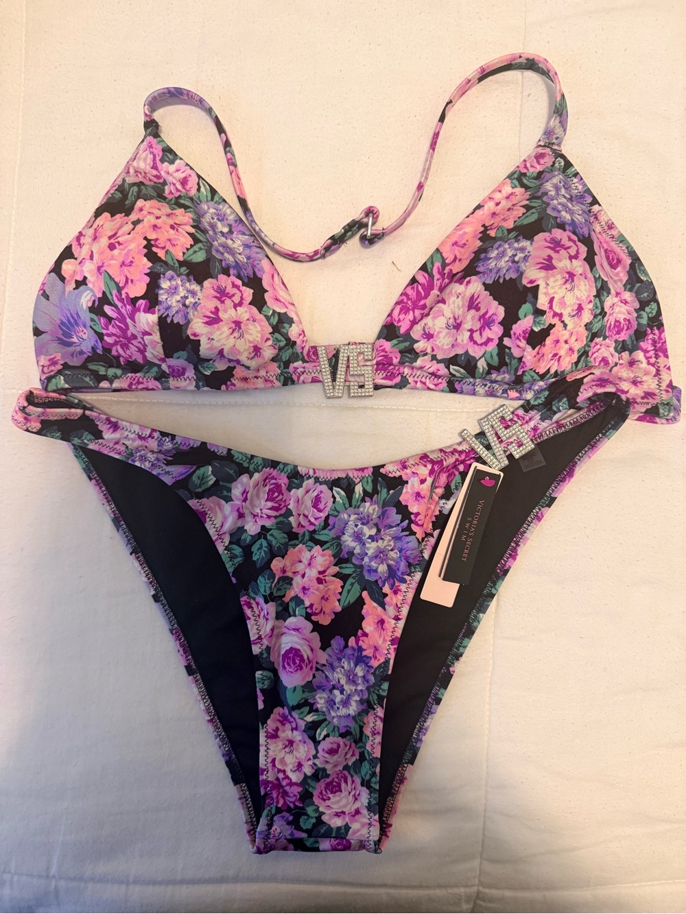 Victoria's Secret Black Floral Pink Purple Bikini Set